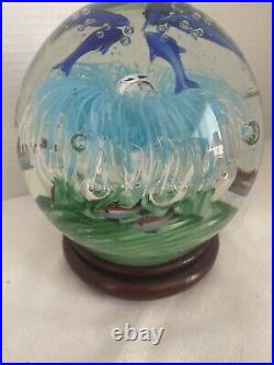 Vintage Art Glass Seascape with Dolphins, Fish, Bubbles Heavy Paperweight