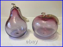 Vintage Barbini Murano Glass Clear Purple Apple&Pear Aventurine Gold Leaf &Dish