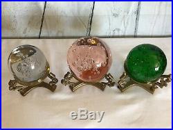 Vintage Bubble Glass Paperweight Brass Stand Globe Crystal Ball Set of 3 Sizes