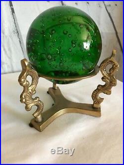 Vintage Bubble Glass Paperweight Brass Stand Globe Crystal Ball Set of 3 Sizes