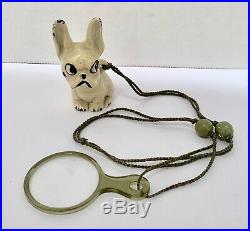 Vintage CAST IRON Puppy DOG Paperweight MAGNIFYING GLASS on String Holder Weight