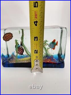 Vintage Cenedese Murano Glass Fish Aquarium Rectangle Paperweight Orig Sticker