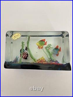 Vintage Cenedese Murano Glass Fish Aquarium Rectangle Paperweight Orig Sticker
