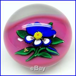 Vintage Charles Kaziun JR pink background PANSY paperweight with gold bee