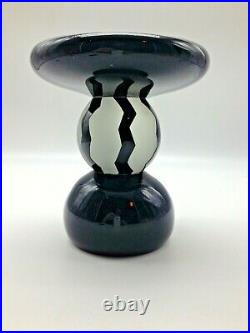 Vintage Correia Geometric Black/Cobalt etched Art Glass Pedestal RARE 6.5 Tall