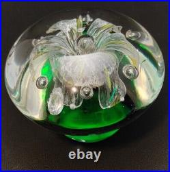 Vintage Estate Murano Green and Clear Italian Art Glass Flower Paperweight