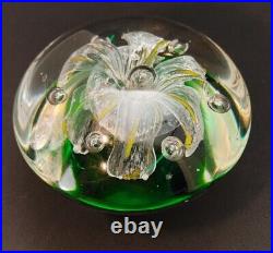 Vintage Estate Murano Green and Clear Italian Art Glass Flower Paperweight