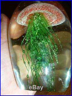 Vintage Glass Paperweight Jellyfish/Man-O-War Red/Pink Body/Green Tendrils