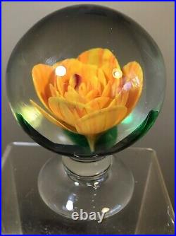 Vintage Glass Pedestal Paperweight Orange Streaked Crimped Rose Signed Gibson