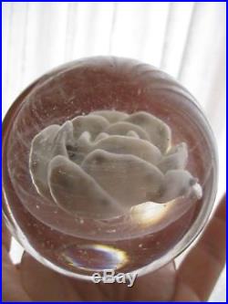 Vintage Glass paperweight floral flower clear white stand bottom rose