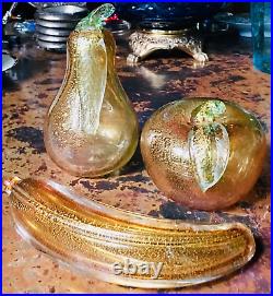Vintage Italian Gold Flecked Art Glass 3 Paperweights Apple, Pear & Banana