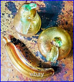 Vintage Italian Gold Flecked Art Glass 3 Paperweights Apple, Pear & Banana
