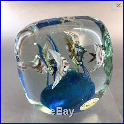 Vintage Italian Murano Aquarium Angel Fish 3 Blue Glass Paperweight Sculpture