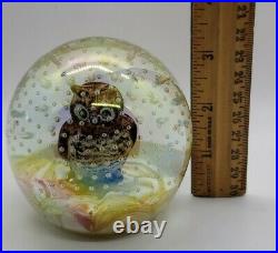 Vintage Joe St. Clair iridescent Paperweight OWL with bubbles