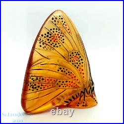 Vintage Lalique Amber Crystal Figurine Grand Nacre Enamel Butterfly Paperweight