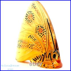 Vintage Lalique Amber Crystal Figurine Grand Nacre Enamel Butterfly Paperweight