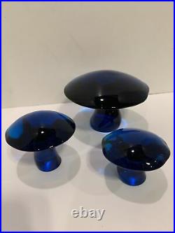 Vintage MCM Set VIKING Handmade Glass Mushrooms Paperweights Cobalt Blue
