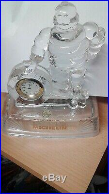 Vintage Michelin Man figure Bibendum Clear Crystal glass Clock Paperweight