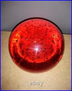 Vintage Mid-Century Modernist Ruby Red Paperweight with Glass Bubbles AMAZING
