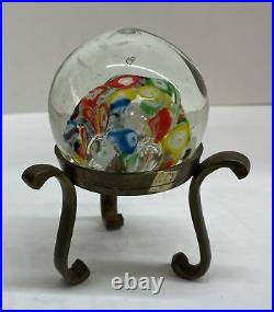 Vintage Millefiori Slices & Bubbles Art Glass Paperweight with Wrought Iron Stand