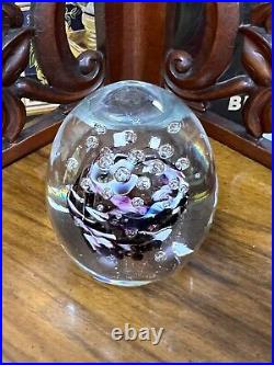 Vintage Murano Art Glass Paperweight Purple White Flower Bubbles