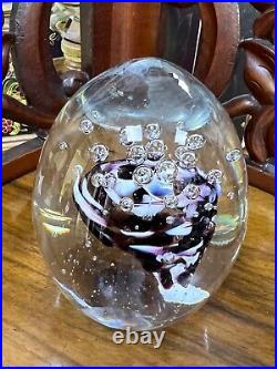 Vintage Murano Art Glass Paperweight Purple White Flower Bubbles