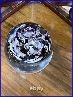 Vintage Murano Art Glass Paperweight Purple White Flower Bubbles