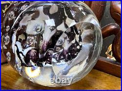 Vintage Murano Art Glass Paperweight Purple White Flower Bubbles