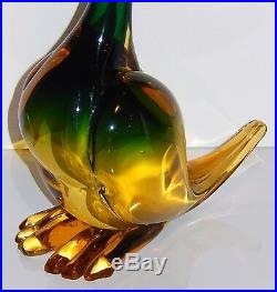Vintage Murano Glass Duck Sculpture Amber Green 1960s Mid Century Italian
