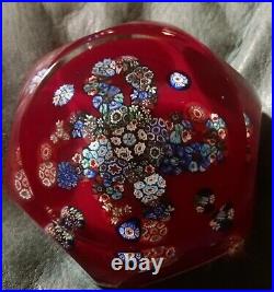 Vintage Murano Glass Millefiori Paperweight Red & Multicolor with Clear Overlay