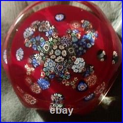 Vintage Murano Glass Millefiori Paperweight Red & Multicolor with Clear Overlay