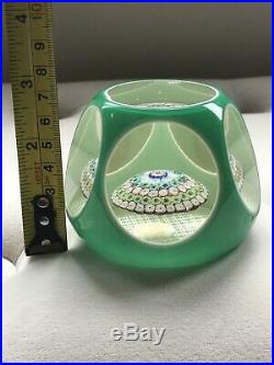 Vintage Murano Green Overlay Concentric Millefiori Faceted Paperweight