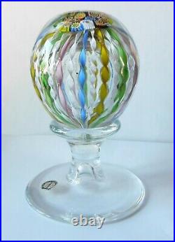 Vintage Murano Italy Large Glass Paperweight On Pedestal Ribbons Millefiori