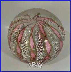 Vintage Murano Pink White Gold Ribbon Lattice Paperweight with Sticker