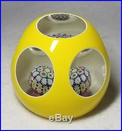 Vintage Murano Yellow Overlay Concentric Millefiori Faceted Paperweight