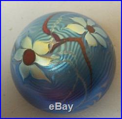 Vintage Orient & Flume Blue Iridescent Art Glass Paperweight, Signed, Dated 1974