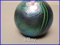 Vintage Orient & Flume Blue Iridescent Art Glass Paperweight, Signed, Dated 1980