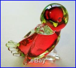 Vintage Red & Green Uranium Murano Art Glass Duckling Figurine / Paperweight