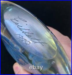 Vintage Robert Eickholt Art glass Paperweight 5 Blue Iridescent SIGNED 1996