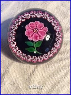 Vintage Scottish Paul Ysart PY Pink And White Flower Glass Paperweight