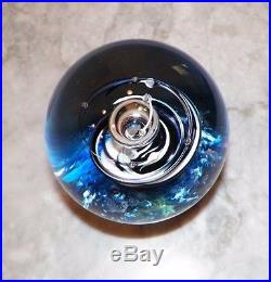 Vintage Selkirk Glass Large Art Glass Paperweight Blue Clear Silver Swirls 4