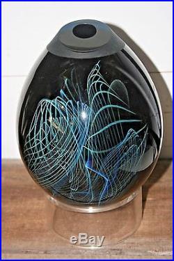 Vintage Signed Bill Slade Large Art Glass Vase Blue Modern Abstract with Stand