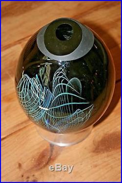 Vintage Signed Bill Slade Large Art Glass Vase Blue Modern Abstract with Stand