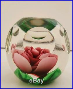 Vintage Signed Joe St. Clair Crimped Rose & Faceted Glass Paperweight Mint