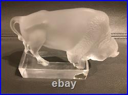 Vintage Signed Lalique France Crystal Buffalo Bison Figurine Paperweight w Label