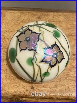 Vintage Signed Lundberg Studios Art Glass Round Ball Floral Paperweight 1975