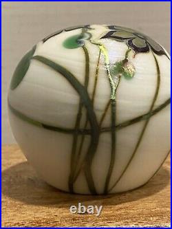 Vintage Signed Lundberg Studios Art Glass Round Ball Floral Paperweight 1975