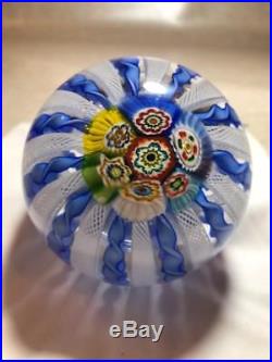 Vintage Signed MURANO ITALY ART GLASS PAPERWEIGHT Blue RIBBONS MILLFIORI TOP