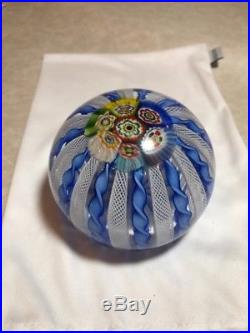 Vintage Signed MURANO ITALY ART GLASS PAPERWEIGHT Blue RIBBONS MILLFIORI TOP