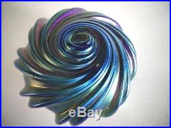 Vintage Signed ZEPHYR Studio Art Glass Blue AURENE SWIRL Shell Paperweight